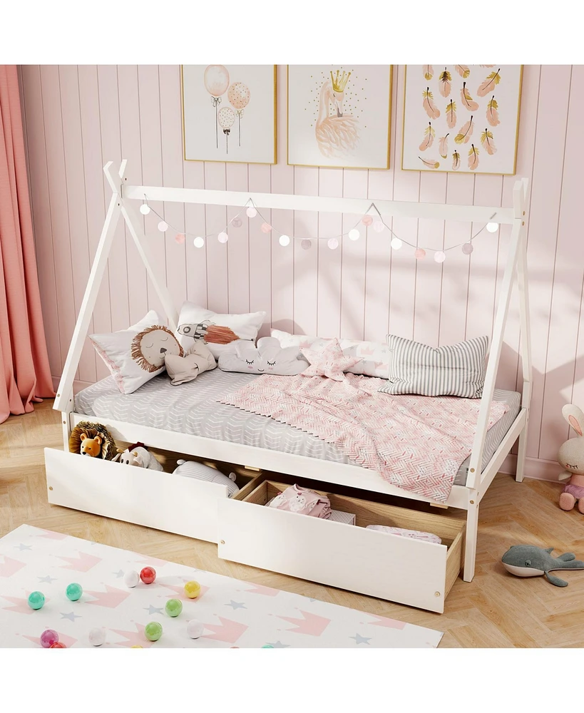 Wooden Tent Platform House Bed with 2 Drawers