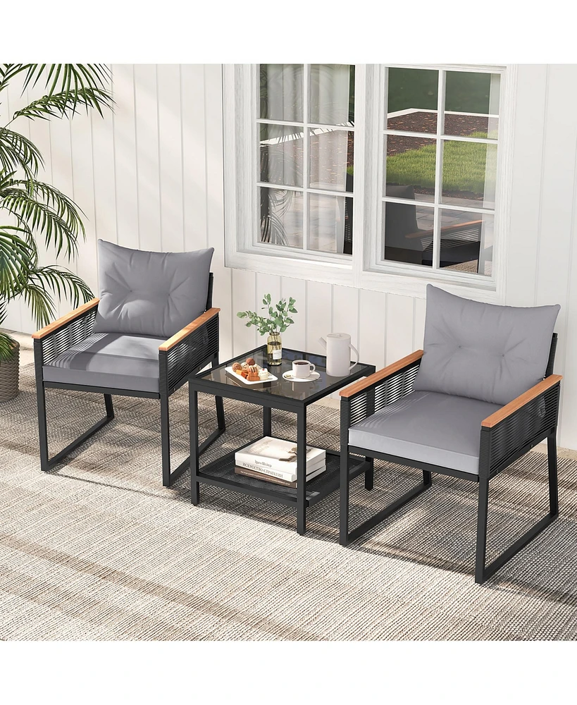 Gymax 3 Pcs Patio Furniture Set Pe Rattan Wicker Chairs w/ 2 Tier Coffee Table Soft Back