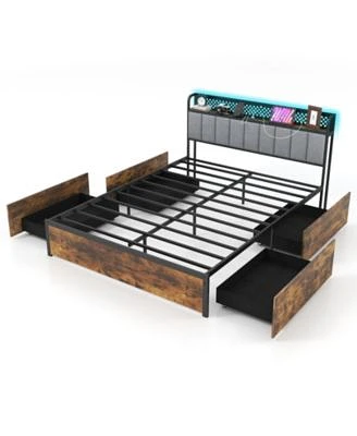Bed Frame with Led Lights Upholstered Headboard 4 Storage Drawers