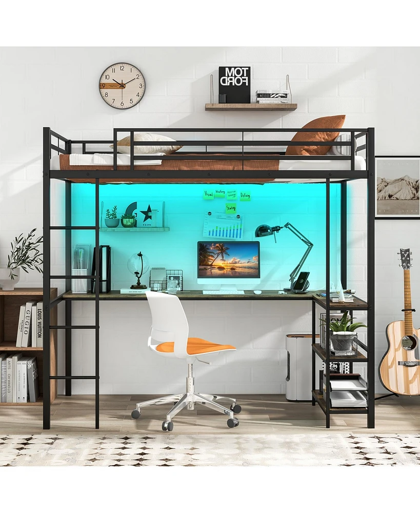 Loft Bed Raised Platform Bed with Desk and 2 Storage Shelves