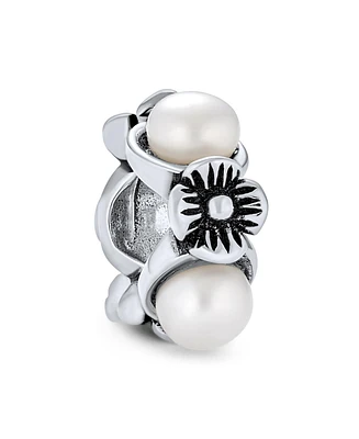 Bling Jewelry White Simulated Pearl Flower Charm Bead Sterling Silver European Bracelet