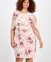 Connected Plus Size Printed Cape-Sleeve Sheath Dress