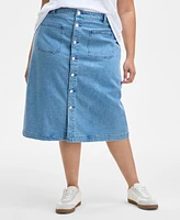 On 34th Trendy Plus Size Patch-Pocket Denim Midi Skirt, Exclusively at Macy's
