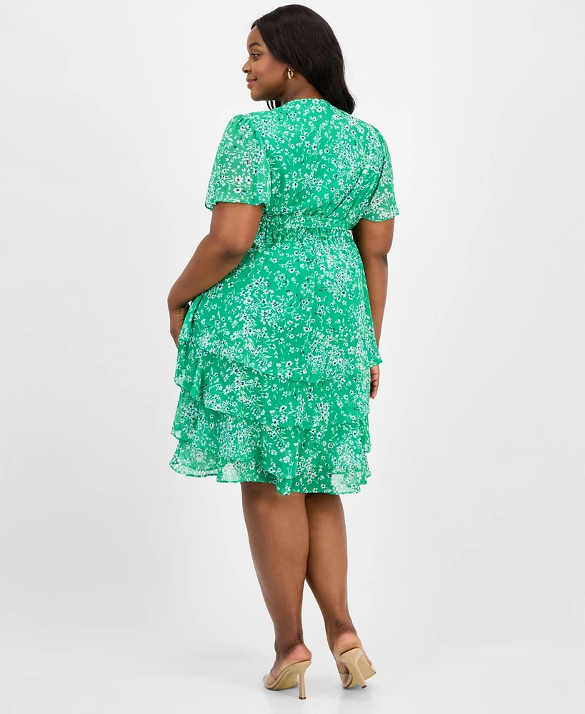 Sandra Darren Plus Size Printed Chiffon Tie-Waist Flutter-Sleeve Dress
