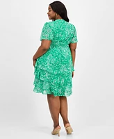 Sandra Darren Plus Size Printed Chiffon Tie-Waist Flutter-Sleeve Dress
