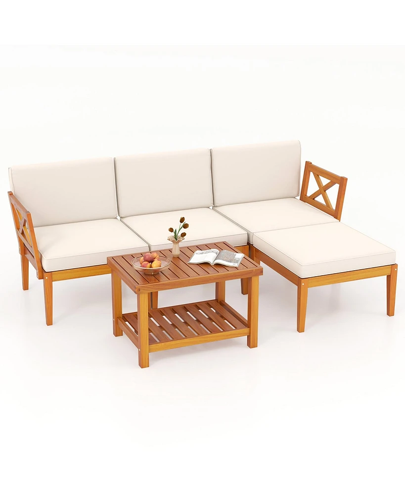 Gymax 5 Pcs Acacia Wood Patio Furniture Set w/ 2-Tier Coffee Table and Cushions