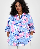 Charter Club Plus Printed Floral Linen Shirt, Exclusively at Macy's