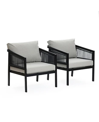 LuxenHome Outdoor Black Steel with Pe Rope Armchairs with Cushions, Set of 2