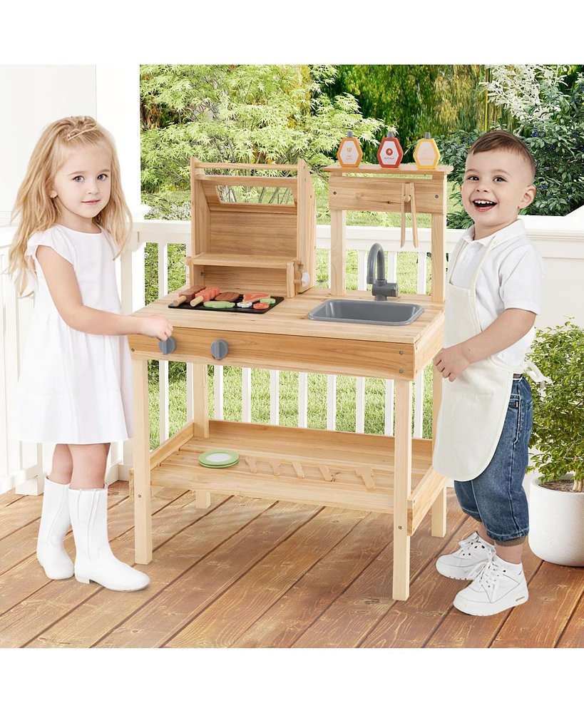 Wooden Barbecue Grill Playset with Play Food and Open Shelves