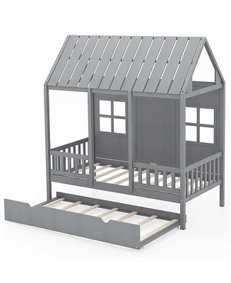 House Bed Frame with Trundle and Tall Roof Design for Kids Bedroom or Guest Room