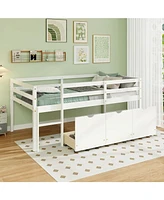 Low Loft Bed with 3 Drawers Ladder and Full-length Guardrails