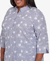 Alfred Dunner Plus Size Flower Power Striped Breezy Floral Applique Collared Top
