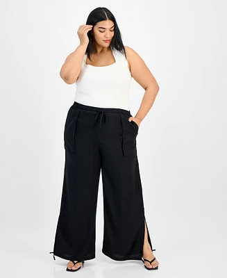 Bar Iii Trendy Plus Split-Hem Wide Linen Pants, Exclusively at Macy's