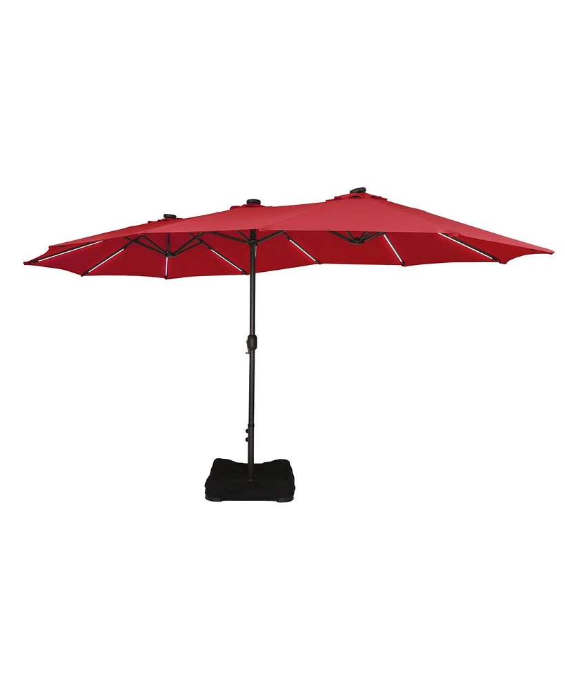 15 Ft Double-Head Patio Umbrella with Base Included Large Outdoor Solar Detachable Lights Rectangular Crank Market Umbrella, Red