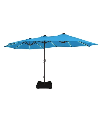 15 Ft Double-Head Patio Umbrella with Base Included Large Outdoor Solar Detachable Lights Rectangular Crank Market Umbrella, Red