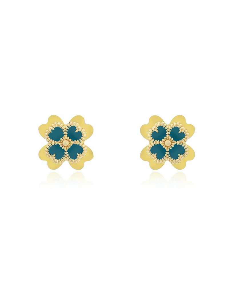 The Lovery Ocean Blue Enamel Four Leaf Clover Stud Earrings 14K Gold
