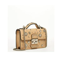 Susu Women s Beige Studded Crossbody Bag Designer Leather Shoulder Purse with Chain Strap and Top Handle, Statement Handbag with Silver Embellishments