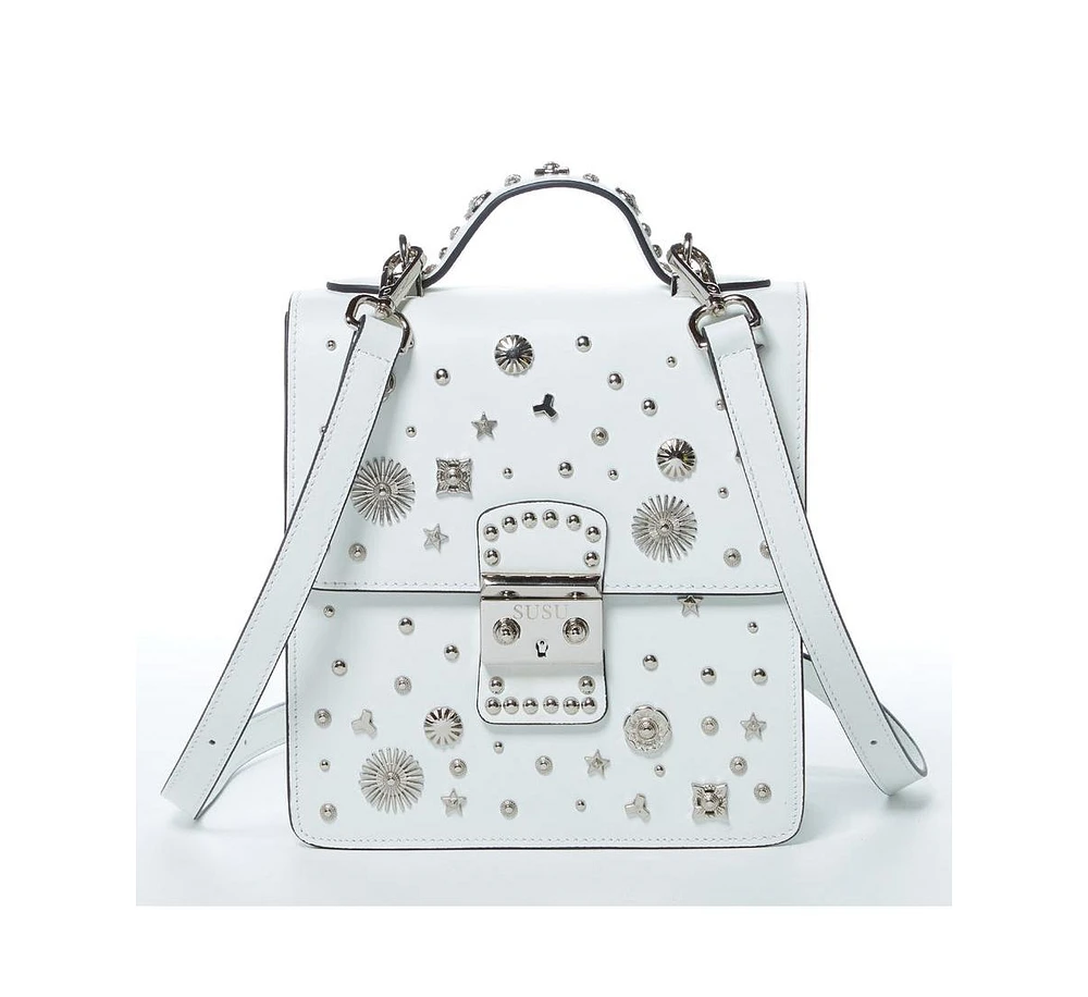Susu Convertible Leather Backpack Purse White Crossbody Bag with Embellishments and Top Handble Women's Handbag
