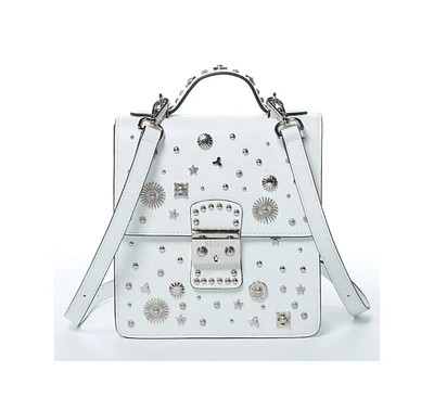 Susu Convertible Leather Backpack Purse White Crossbody Bag with Embellishments and Top Handble Women's Handbag