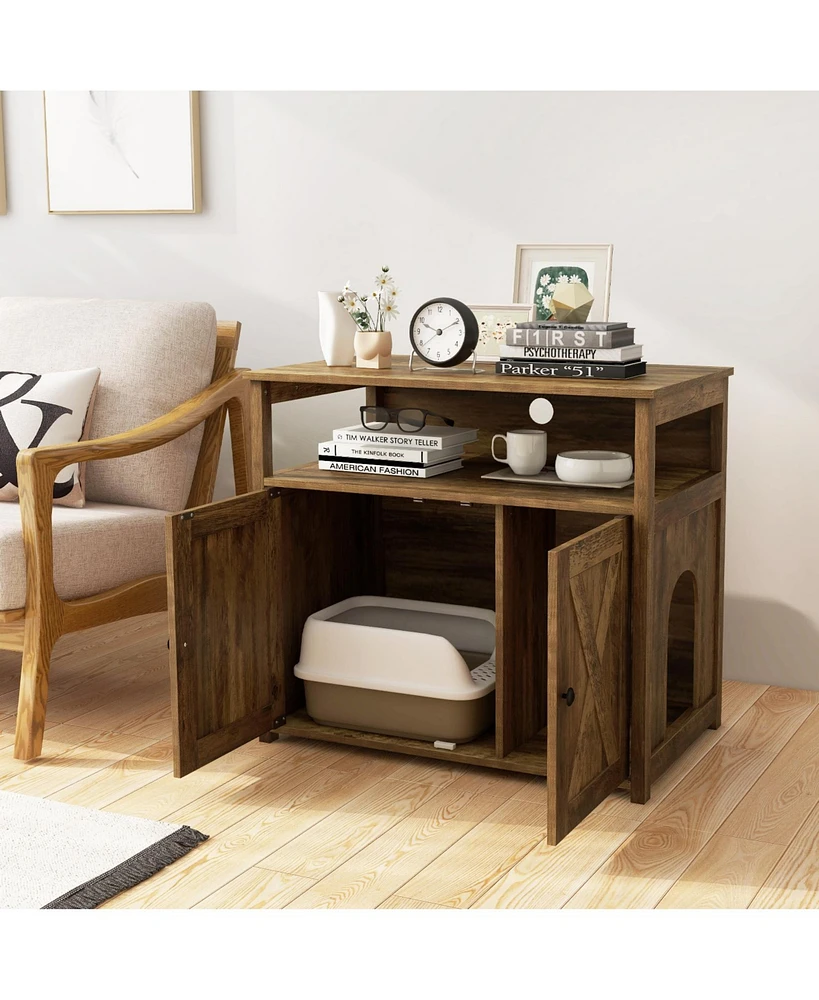 Cat Litter Box Enclosure with Double Barn Doors, Divider, Side Entry & Storage Shelf Stylish & Functional