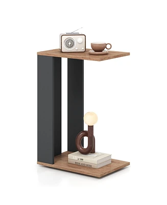 2-Tier C-Shaped Side Table with Wheels and Shelf for Sofa or Bedside Use
