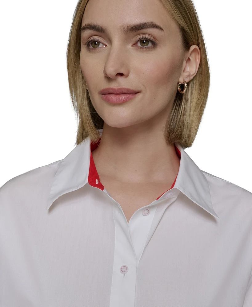 Karl Lagerfeld Paris Women's Cotton Contrast-Collar Drawcord Button-Front Top