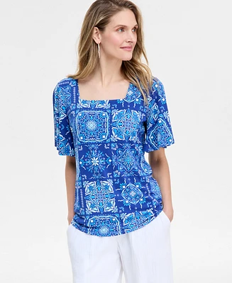 Jm Collection Women's Printed Flutter-Sleeve Square Neck Crepe Top