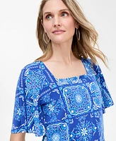 Jm Collection Women's Printed Flutter-Sleeve Square Neck Crepe Top