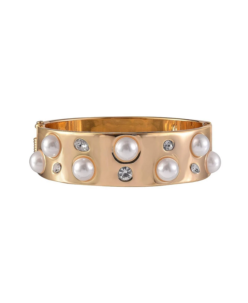 Laundry by Shelli Segal Gold Tone Hinge Bracelet with Crystal Stone and Pearl Accents