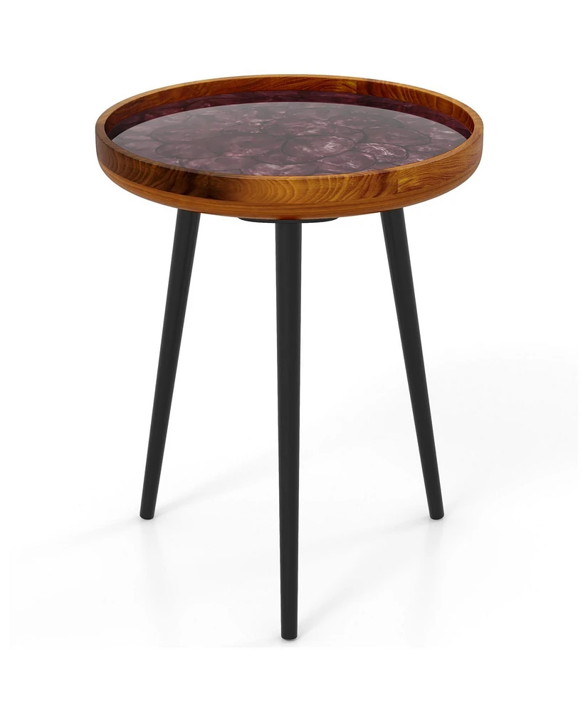 Round End Table with Sea Shell Inlay and Epoxy Resin Top for Living Room Decor