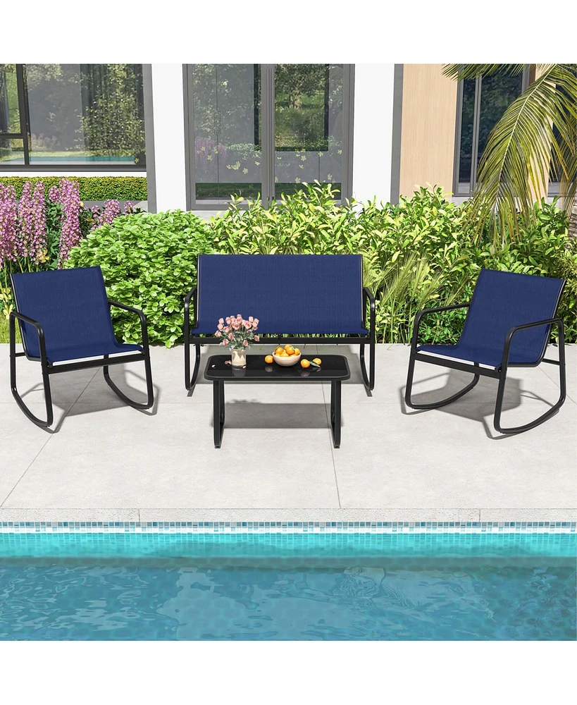 4 Pcs Patio Rocking Set Rocking Chairs & Loveseat with Glass-Top Table Outdoor