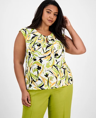 Kasper Plus Printed Keyhole-Neck Sleeveless Top