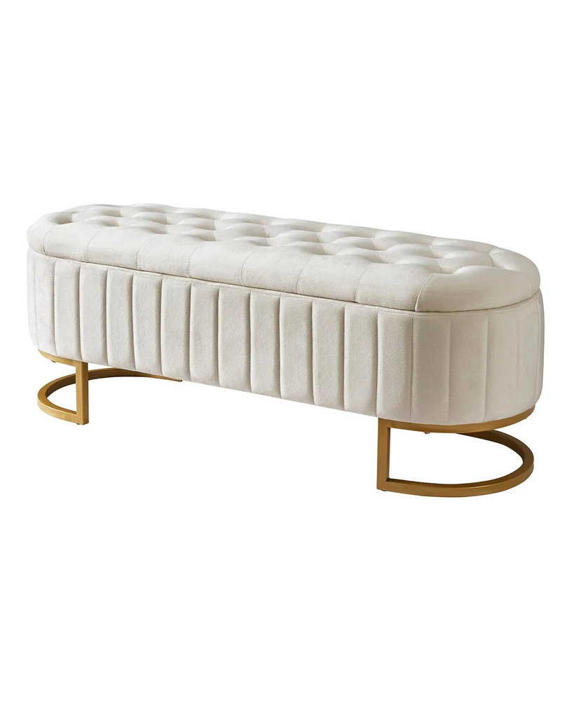 Velvet Upholstered Ottoman Storage Bench, Button-Tufted, Beige