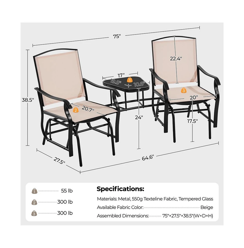 Yaheetech 2-Person Patio Glider W/ Table, Beige