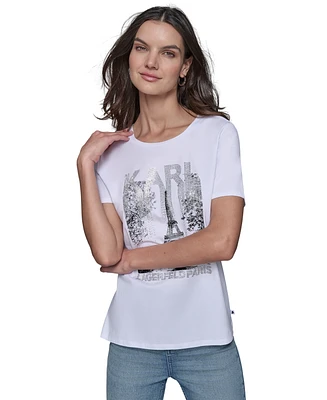 Karl Lagerfeld Paris Women's Embellished Paris Scene Graphic T-Shirt