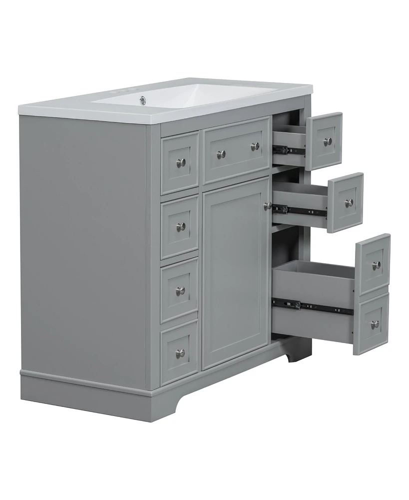 36" Bathroom Vanity with Sink Combo, One Cabinet and Six Drawers, Solid Wood and Mdf Board, Grey