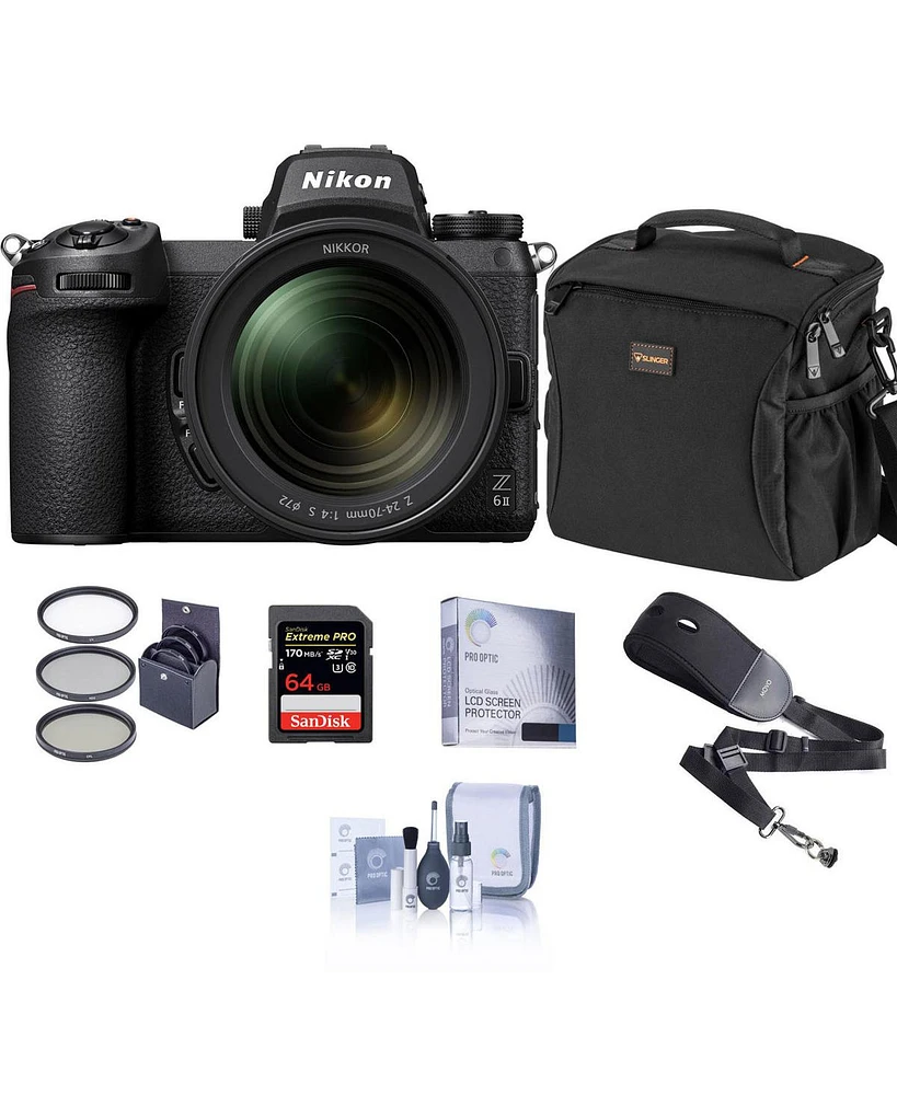 Nikon Z 6II Mirrorless Camera with Nikkor Z 24-70mm f/4 S Lens Bundle with 64GB Sd Card, Bag, Screen Protector, Sling Strap, Filter Kit, Cleaning Kit
