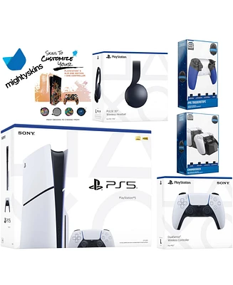 Sony Playstation 5 Slim Disc Bundle with Black Pulse Headset, Extra White Controller, Trigger Stop Kit, Dual Charge Dock and MightySkins Decal Voucher