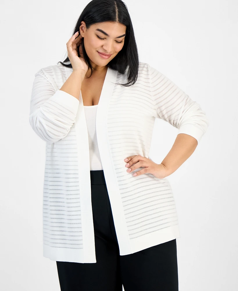 Anne Klein Plus Shadow-Striped Open-Front Cardigan