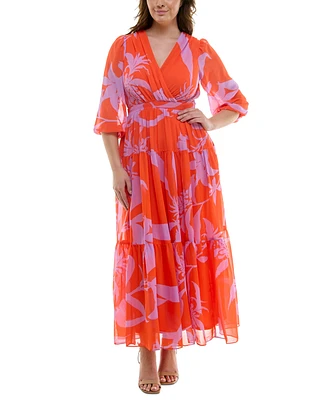 Taylor Plus Size V-Neck 3/4-Sleeve Tiered Maxi Dress