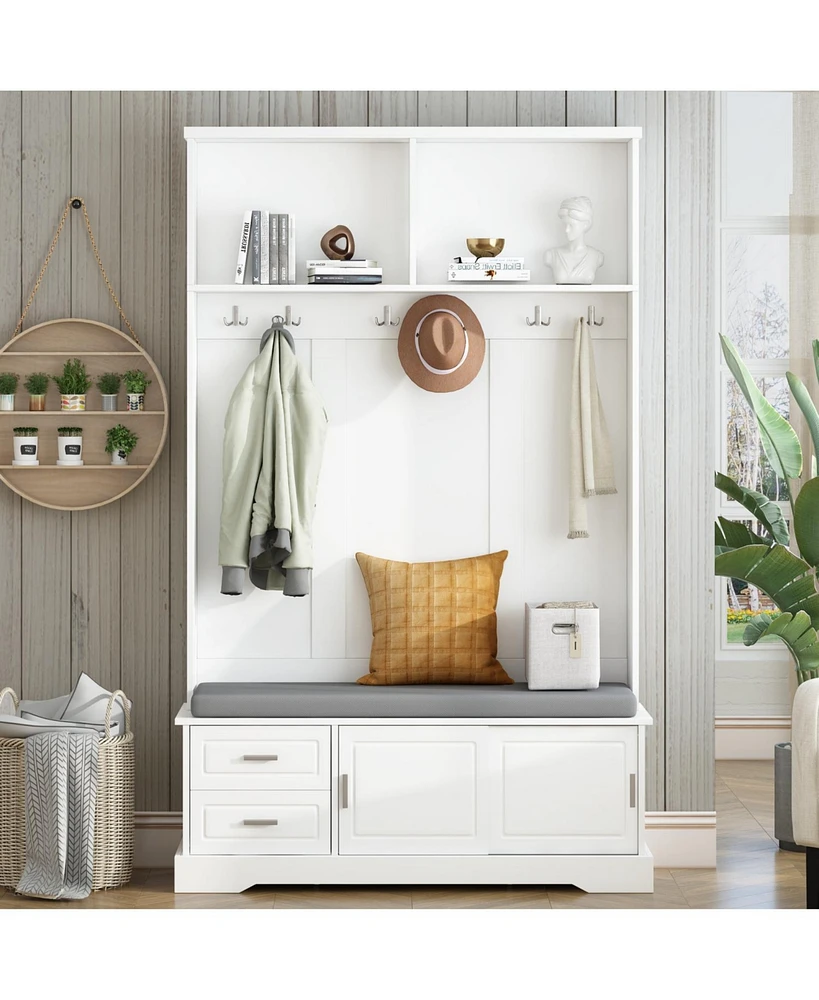 Space-Saving Hall Tree: Sliding Doors, Silvery Hooks, Mudroom Bench, Shoe Storage, Cushion