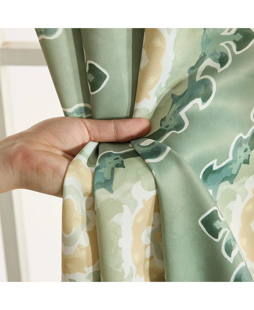 Hlc.me Liam Ogee Ikatt Damask Patterned Window Grommet Curtains Bedroom - Light Blocking Darkening Window Panels, Set of 2 (Sage Green