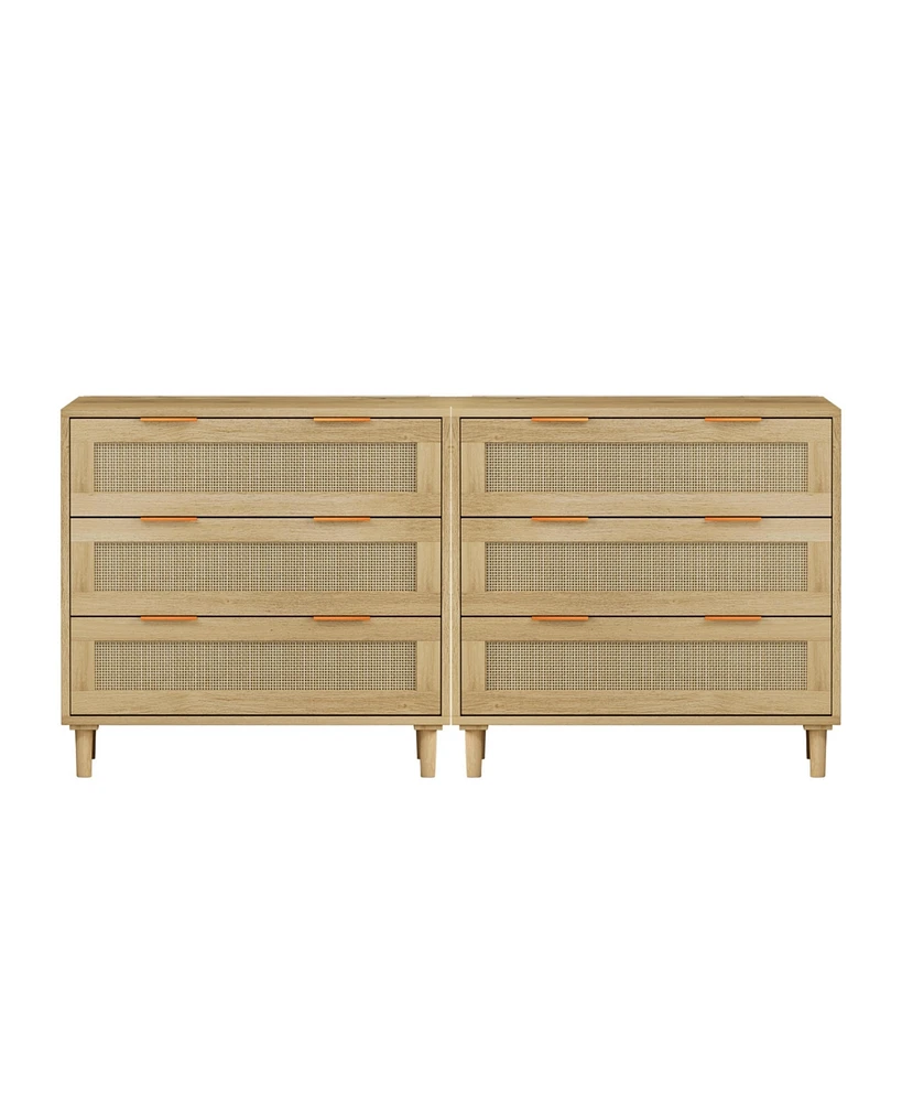 31.50"3-Drawers Rattan Storage Cabinet Rattan Drawer (Set of 2),for Bedroom,Living Room,Dining Room,Hallways,Oak