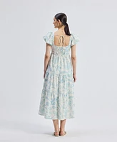 Reistor Women's Puff Sleeve Tiered Midi Dress Blue Florals