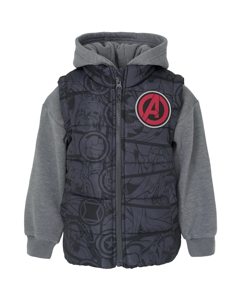 Avengers Toddler Boys Marvel Zip Up Vest 2fer Jacket and Pullover Fleece Hoodie