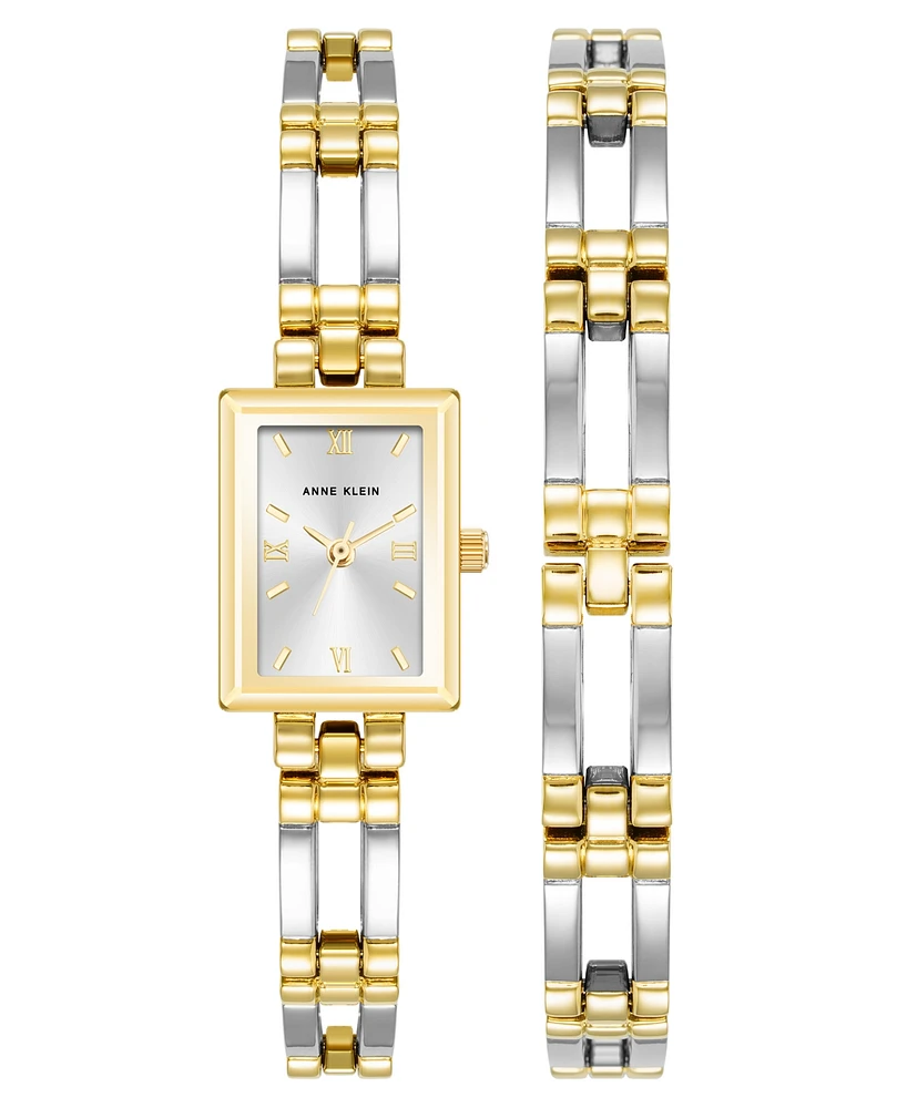 Anne Klein Women's Quartz Iconic Two-Tone Metal Alloy Rectangular Case Bangle Watch Set, 17mm