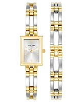 Anne Klein Women's Quartz Iconic Two-Tone Metal Alloy Rectangular Case Bangle Watch Set, 17mm