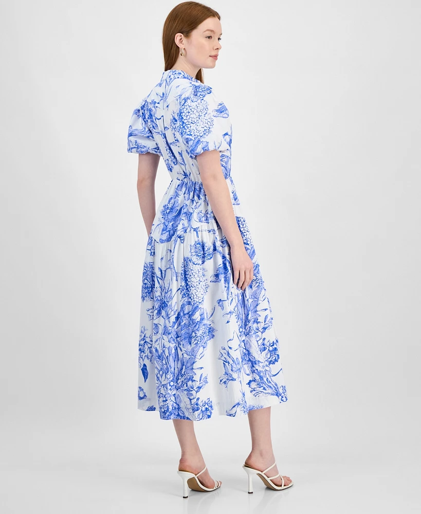 T Tahari Women's Puff-Sleeve Button-Front Midi Dress