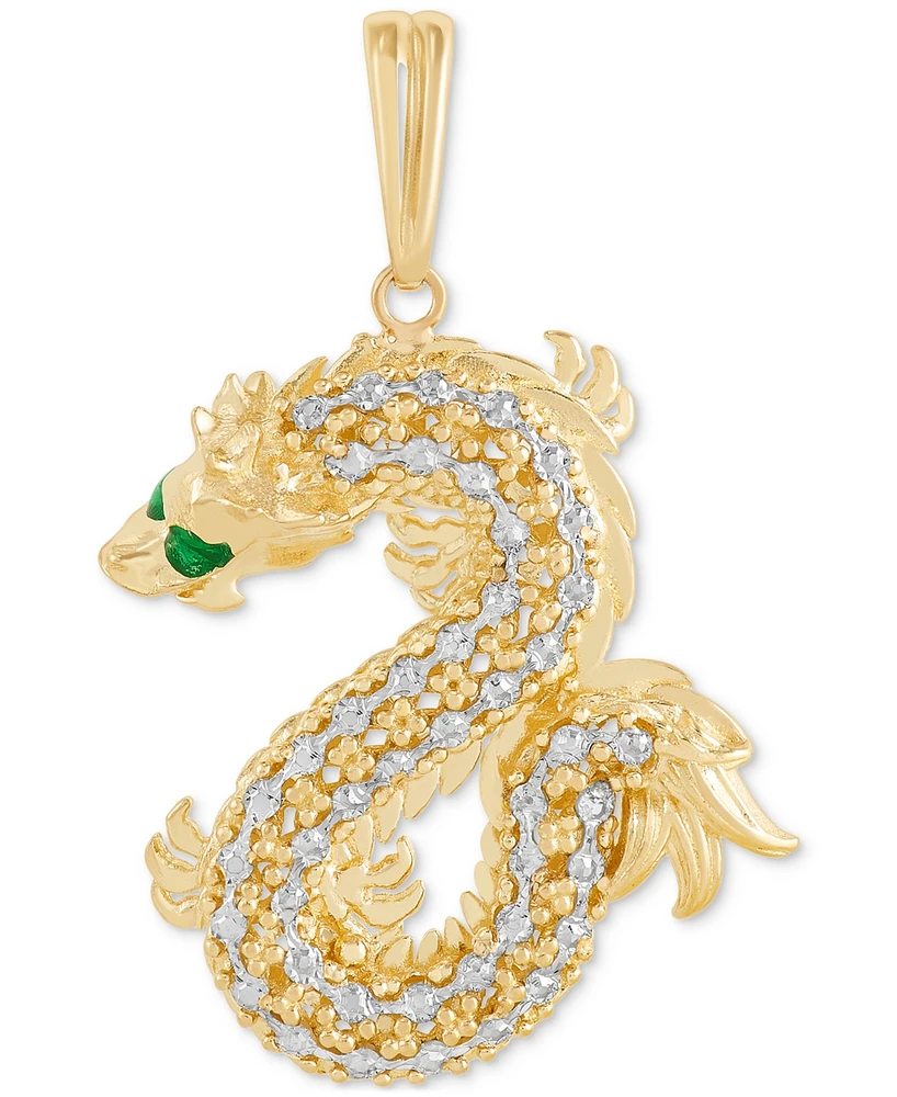 Italian Gold Green Enamel Eye Two-Tone Dragon Pendant in 10k Gold
