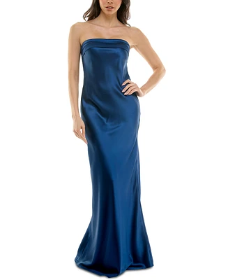 Emerald Sundae Juniors' Strapless Drape-Back Satin Gown
